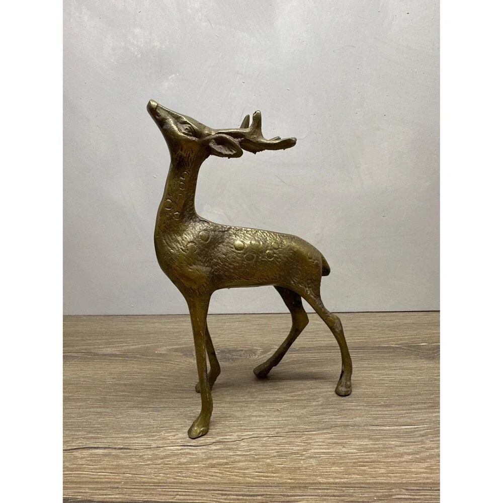 Vintage MCM Solid Brass Spotted Deer Figurine, Christmas Reindeer Decor, 6.5x5 I